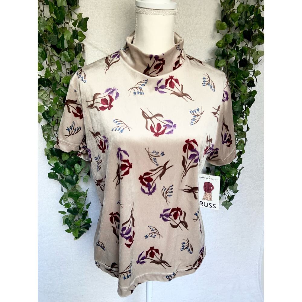 NWT Vintage 1990's Russ Cream Velour Floral Turtle Neck Top Women's XL